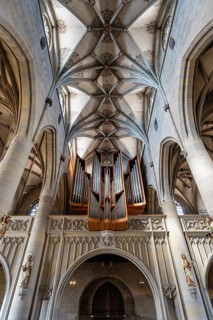 Ribbed vaulting, late Gothic vaulting with church organ, St. Nicholas organ in Überlingen Münster,