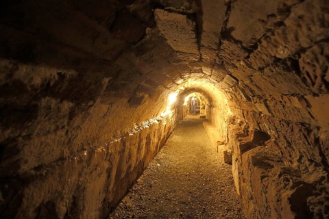 Dark corridor with vault and lighting, underground, vaulted cellar, cellar, shaft, interior view,