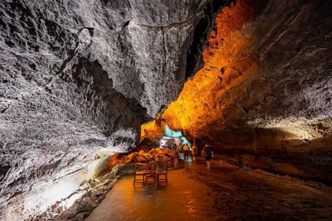 Underground cave formed by lava flow, illuminated lava cave, Cueva de los Verdes, Lanzarote, Canary