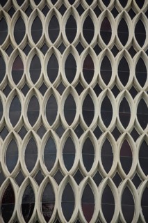 Modern evangelical Holy Spirit church, oval windows honeycomb-shaped with geometric symmetrical
