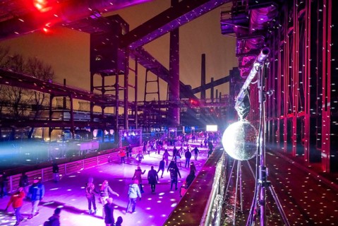 Ice rink at the Zollverein coking plant, ice skating with music and many lighting effects, Essen,