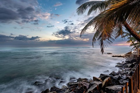 Sunset on the tropical coast with palm trees, sea and rocks under cloudy sky, sunset on the rocky