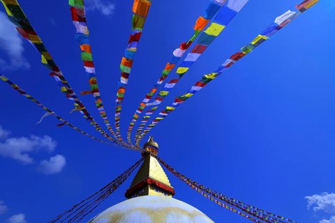 Nepal. landlocked country in the Himalayas, Kathmandu, Bodnath, Boudnath, stupa, colorful flags,