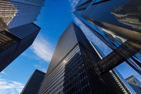Toronto financial business district skyline. Skycrapers and corporate office buildings that hosts