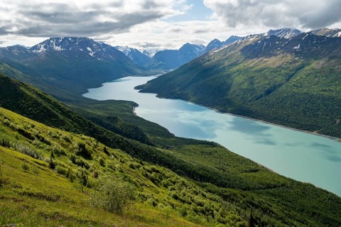 View of blue lake and mountains on Twin Peaks Trail, Eklutna Lake, Chugach Mountains, Chugach State