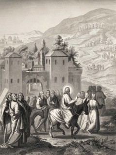 Jesus riding a donkey to Jerusalem, New Testament, steel engraving 1853, digitally restored
