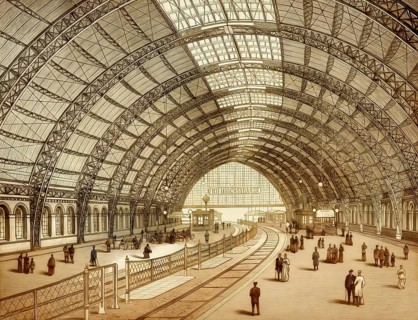 Historic illustration, 19th century, Friedrichstrasse railway station, hall construction, Berlin,
