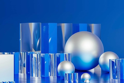 An array of geometric forms cast in blue illuminates a stunning 3D technological environment,