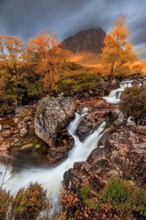 Waterfall, wild river, cloudy mood, morning light, autumn colours, autumn, mountains, Buachaille