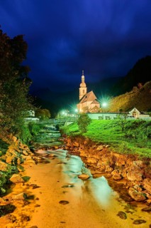 Church St. Sebastian in Ramsau at night, Ramsauer Ache River, autumn, Idyllic village,