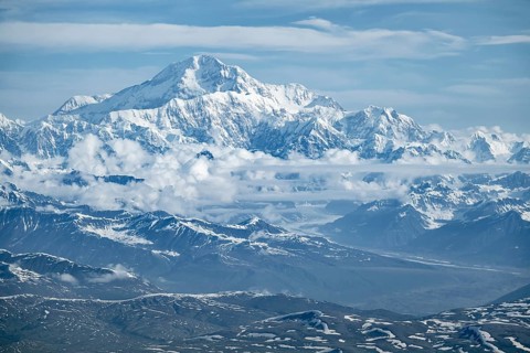 Panorama, clouds over high mountains, Mt Denali or Mount McKinley, aerial view, Alaska Range,