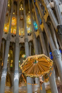 Interior view of the Familia Sagrada by the architect Antonio Gaudi in Barcelona, Spain