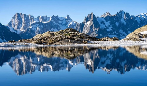 Mountain landscape in morning light, reflection in Lac Blanc, mountain peaks, Aiguille Verte,