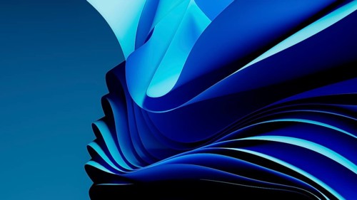 Smooth, flowing blue waves form an abstract background, resembling a digital landscape. The design