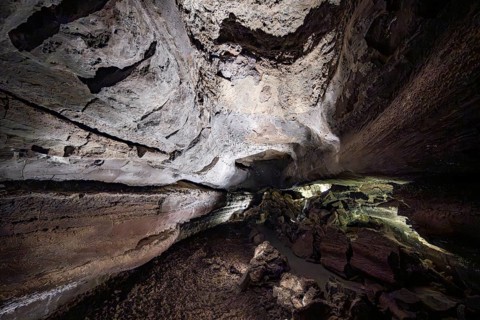 Underground cave formed by lava flow, illuminated lava cave, Cueva de los Verdes, Lanzarote, Canary