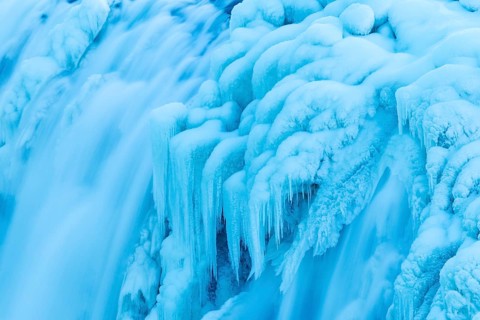 Gullfoss, waterfall of the Hvítá river, detail, ice, icicles, frost, snow, winter, Haukadalur,