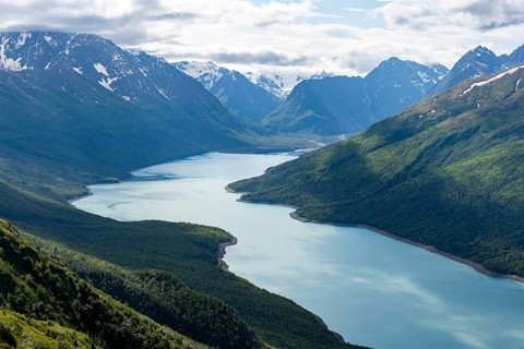 View of blue lake and mountains on Twin Peaks Trail, Eklutna Lake, Chugach Mountains, Chugach State