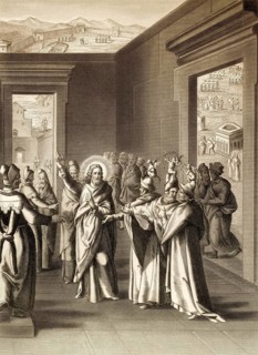Jesus' debate with the Pharisees after the Feast of Tabernacles, steel engraving 1853, digitally