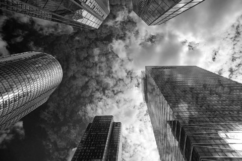 Skyscrapers in the modern high-rise La Défense district, black and white, Paris, France