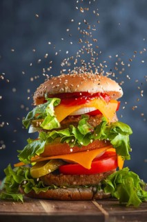 A burger with fresh ingredients and flying sesame seeds on a rustic board