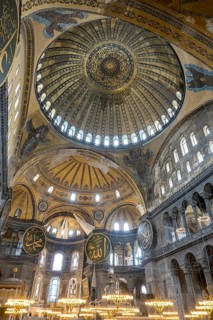 This photo captures the grandeur of Hagia Sophia's mosque interior in Istanbul, highlighting its