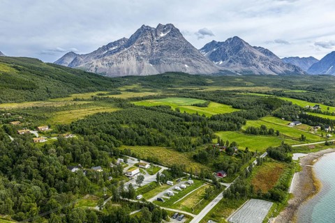 Campsite at Svensby, Lyngen peninsula, Lyngen Alps, aerial view, Norway