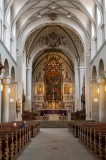 Interior view of Constance Cathedral with various architectural styles in the historic old town of