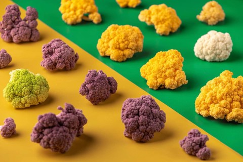 Colourful cauliflower on a yellow and green background
