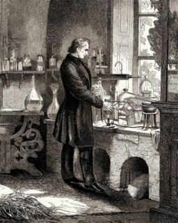 Justus Freiherr von Liebig, German chemist and scientist, digitally edited, in his laboratory at