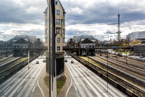 Berlin city highway A100 mirrored, with ICC and radio tower, Charlottenburg, Berlin, Germany