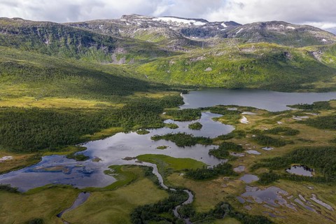Lakes and rivers of the Svandalen nature reserve, Senja island, aerial view, Norway