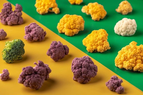 Purple, yellow and green cauliflower on a colorful background