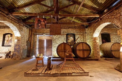 Historic wine cellar with wooden barrels and stone walls, warm light creates a rustic atmosphere,