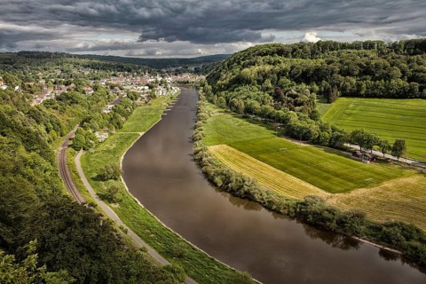 View from the Skywalk on River Weser, Beverungen, Weser Uplands, North Rhine-Westphalia, Germany