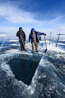 Hole in ice for scuba divers, Lake Baikal, Pribaikalsky National Park, Irkutsk Province, Siberia,