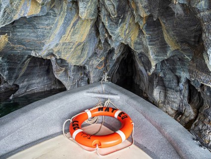 Excursion boat inside the marble caves, Puerto Sanchez, lake Lago General Carrera, Chile