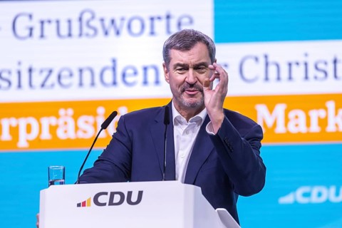 38th Federal Party Congress of the CDU of Germany in Stuttgart. Greetings from Markus Söder, party