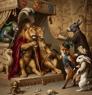 Reineke Fuchs and Meister Lampe in front of King Nobel, fable, animal fable, Aesop, fairy tales,