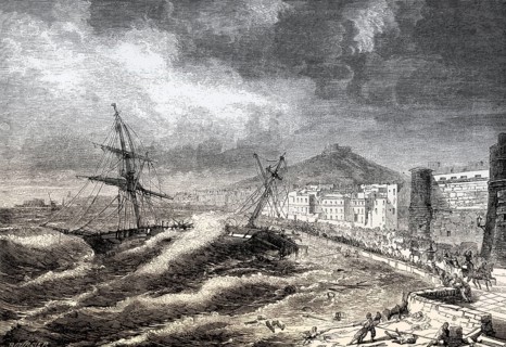 A Swedish two-masted sailing ship sinking before Naples Italy, November 20, 1862