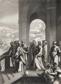 The Pharisees seeking a sign from Jesus, New Testament, steel engraving 1853, digitally restored