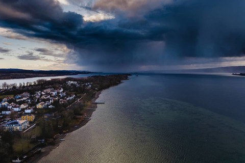 Weather picture, aerial view of the Mettnau peninsula near Radolfzell am Lake Constance, a