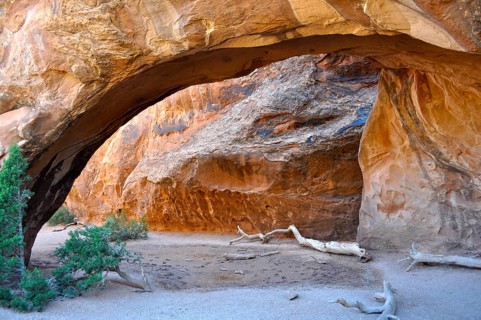 Impressive rock arch crossed by light and shadow, Arches National Park, Utah, USA