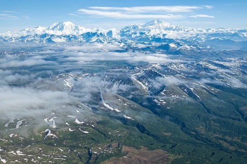 Mt Foraker and Mt Denali or Mount McKinley, aerial view, Alaska Range, Denali National Park,
