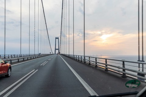 Highway across the Storebelt Bridge, on the East Bridge pylons, Denmark