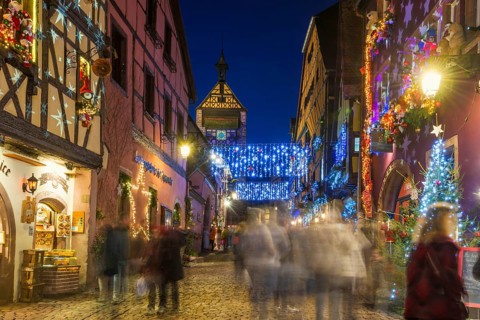 Colour-illuminated and Christmassy decorated half-timbered houses, blue hour, Christmas market,