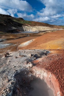 Mud pots, solfataras, coloured mineral deposits, Seltún geothermal area near Krýsuvík or Krísuvík,