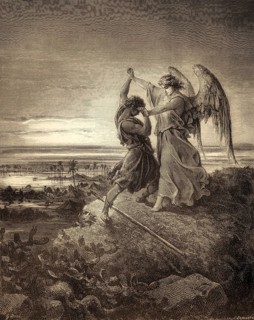 Jacob Wrestles with the Angel, woodcut by Gustave Doré