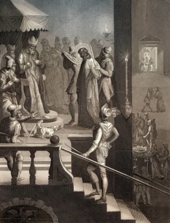 Jesus before Caiaphas, Peter's third denial, New Testament, steel engraving 1853, digitally