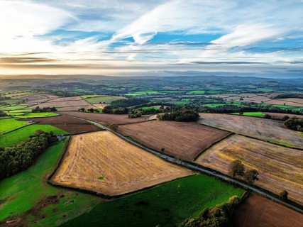 Colours of Devon Farms and Fields over Berry Pomeroy from a drone, Totnes, England, United Kingdom