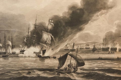 Illustration of a sea battle with sailing ships and dramatic clouds of smoke, Historical Museum,